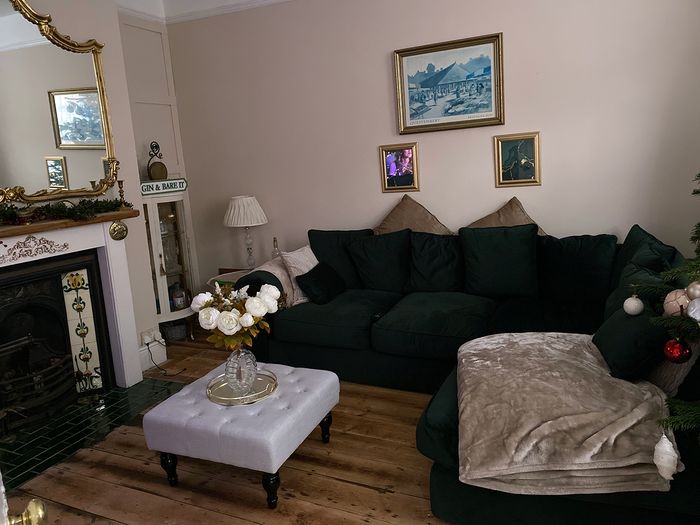 Butelkowy zielona sofa narożna Baron, tkanina welurowa