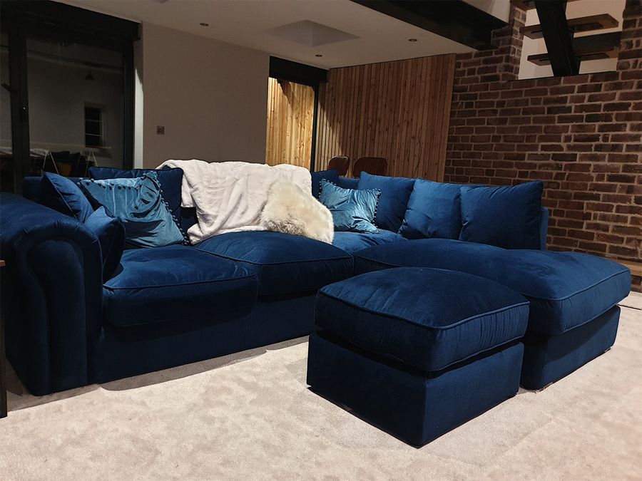 Navy blue corner sofa and pouffe Baron