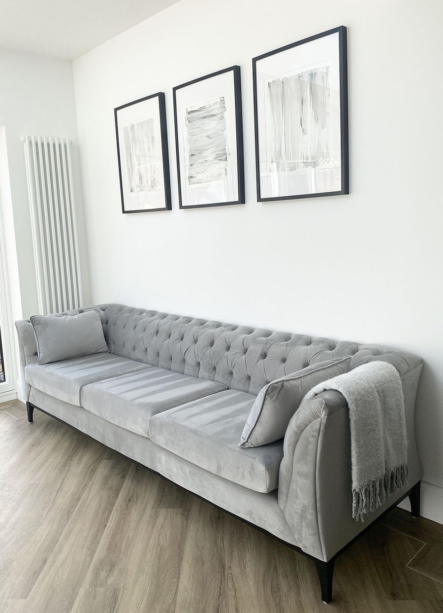 Grey Chesterfield Modern Wood three seater sofa with black wooden legs