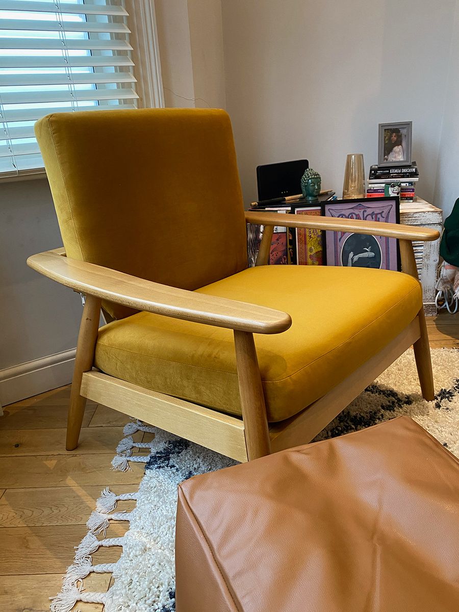 Mustard Demure armchair, light oak color frame