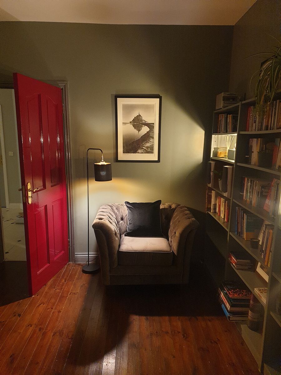 Grey Karin armchair in retro style room