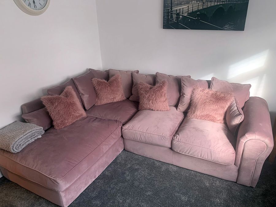 Baron velour corner sofa in powder pink from Emily