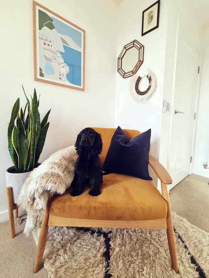 Demure armchair with wooden frame from Harrison