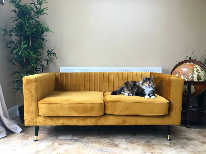 Musztardowa sofa Slender w beżowym wnętrzu