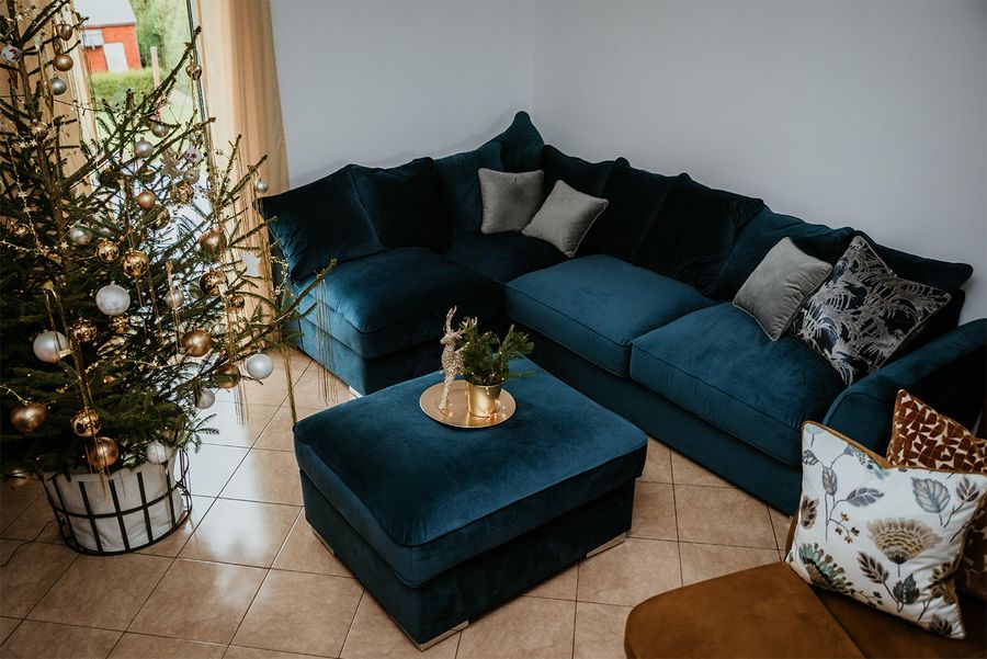 Blaues Ecksofa Majestic in Veloursstoff