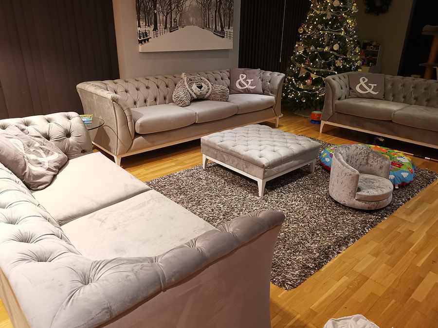 Chesterfield Modern Wood Footstool and Sofas - Jason