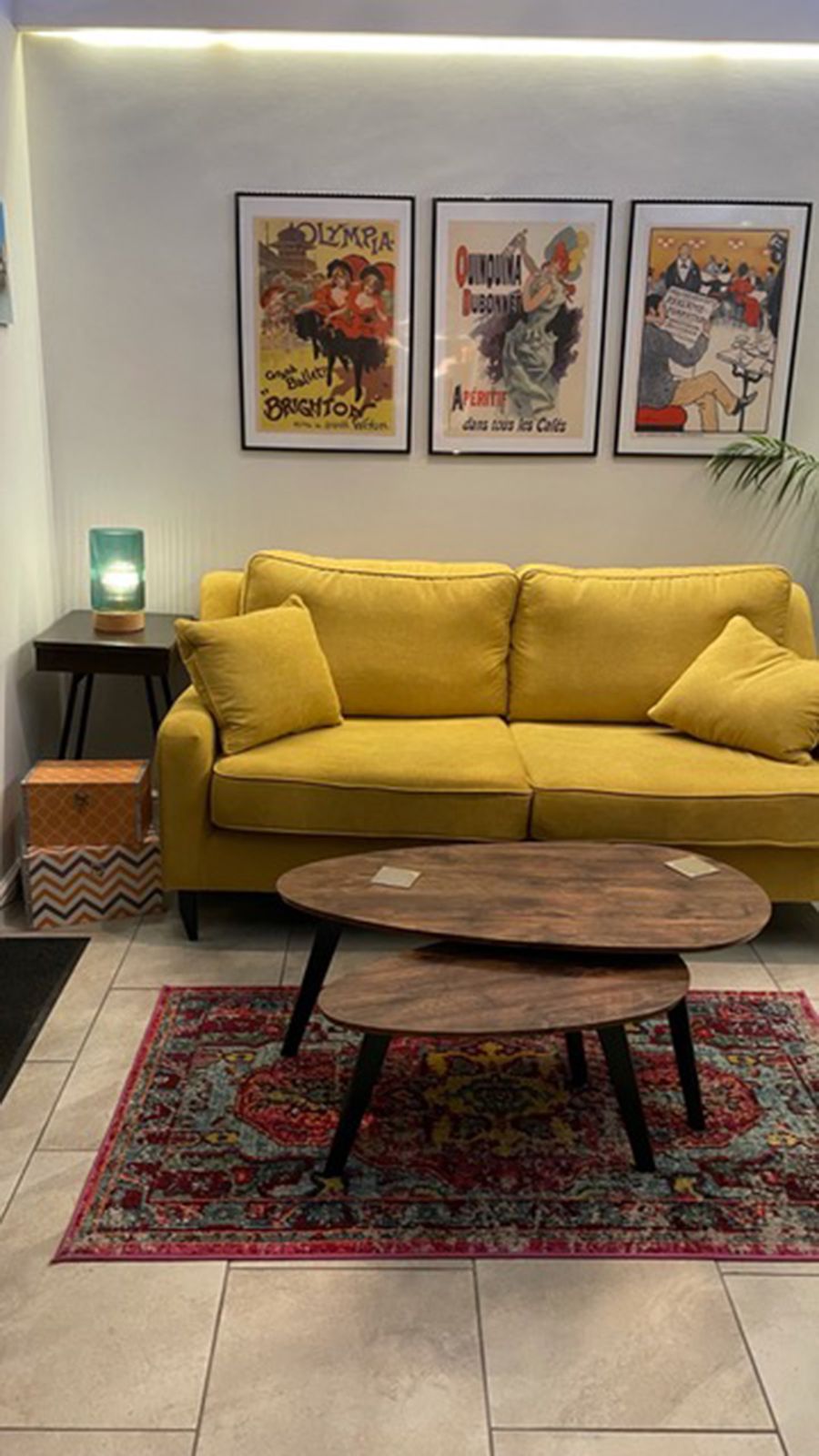 Yellow upholstered three-person sofa Orson